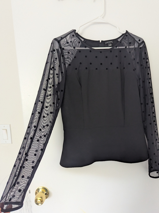 Ann Taylor Tops - Ann Taylor Peplum Blouse Size 4 Black Polka Dot Mesh Sleeve Zip Back Top